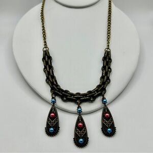 18” Antique Gold Chain Necklace with Pink and Blue Accents